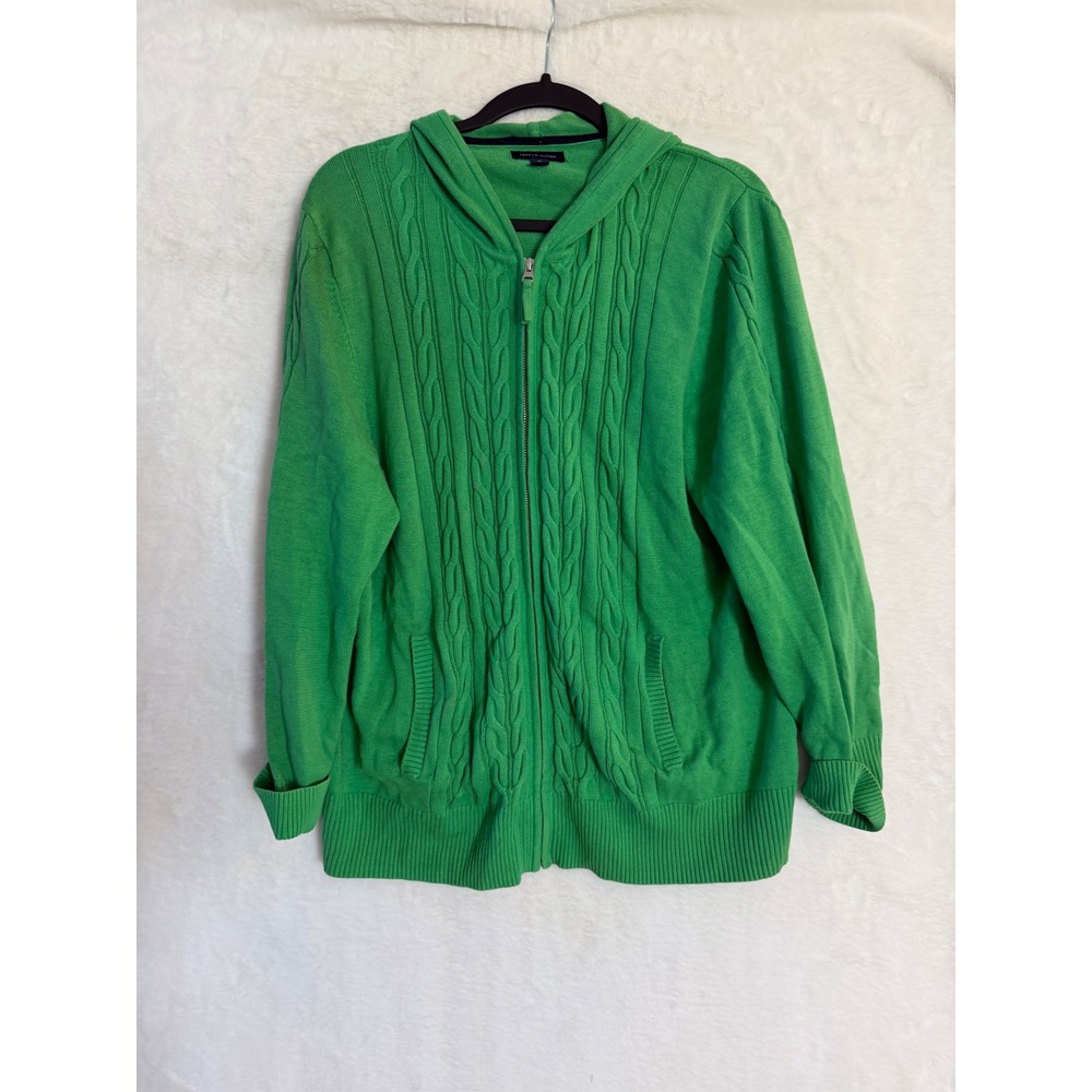 Tommy Hilfiger Green Cable Knit Full Zip Hooded Cardigan Sweater Mens 2X Cotton